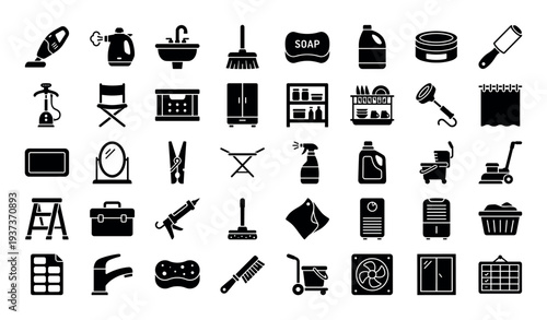 Collection of household cleaning and maintenance tools and appliances icons