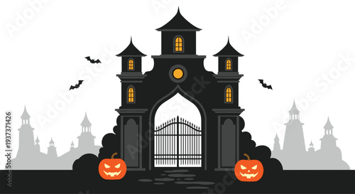 A dark grey spooky castle gate with an arched entrance and two pointed towers is flanked by glowing jack-o'-lanterns, with bats flying above.
