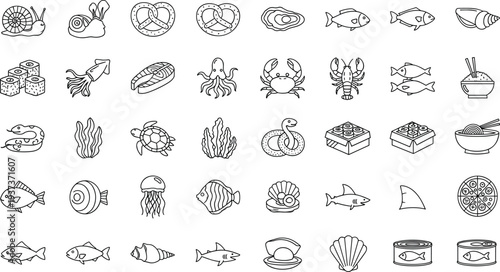 Seafood and marine life line icons set, ocean fish shell sushi outline vector collection for restaurant menu design