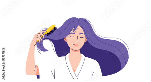 A young woman with long, wavy purple hair, eyes gently closed, smoothly brushes her hair with a yellow brush while wearing a white robe.