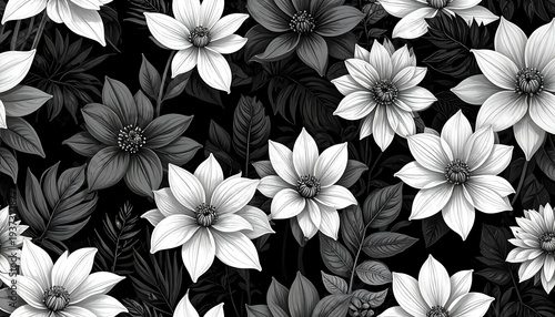 Monochrome floral repeat white flowers and foliage against a black background, detailed botanical illustration style