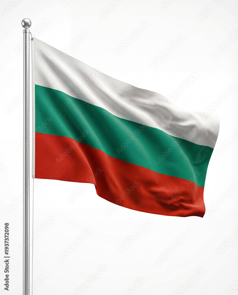 Obraz premium Bulgaria National Flag Waving on Flagpole Isolated on White Background Realistic Fabric