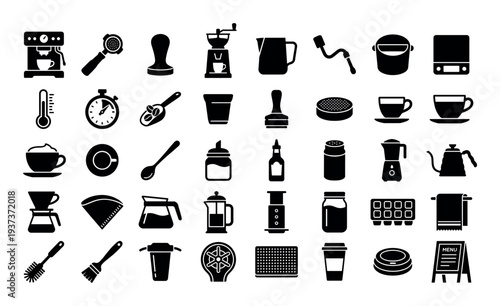 Collection of coffee making equipment and accessories, presented as black icons on a white background