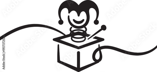 Jack in the box toy illustration with jester head popping out of square container for surprise and prank themes on transparent checkered background
