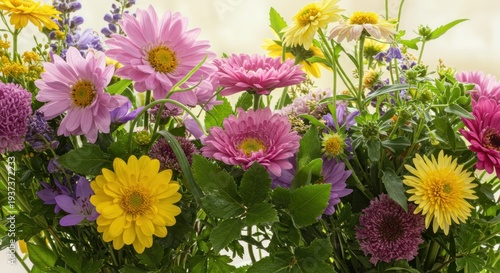 Vibrant floral arrangement showcasing diverse blooms in natural light suitable for design and decorative projects