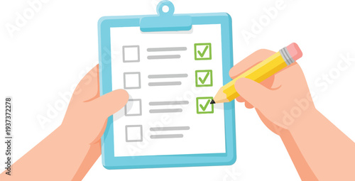 Hands holding a clipboard and pencil marking a checklist on transparent background. on transparent background