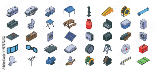 Collection of isometric camping and RV accessories and equipment for outdoor adventures