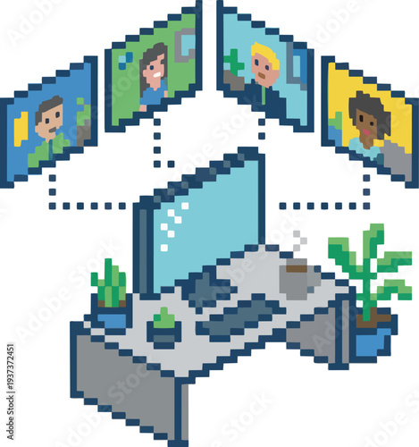 Pixel Art Video Conference Setup with Diverse People