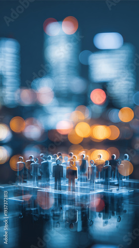 Digital network social media technology communication connection community teamwork crowd abstract city night networking concept with glowing people icon group in modern urban background