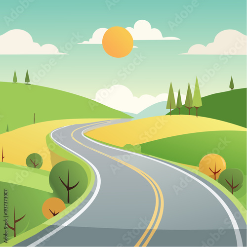 Winding roadway through rolling hills with spring foliage and sunny skies
