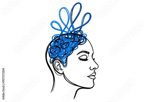 Woman Profile Tangled Brain Thoughts Line Art Illustration, Mental Health Concept, Overthinking Mind, Blue Doodle, Psychology, Stress Symbol