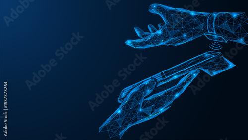 Contactless payment technology using wearable devices. A hand with a smartwatch makes a contactless payment through a payment terminal in the other hand. Polygonal design, blue background.
