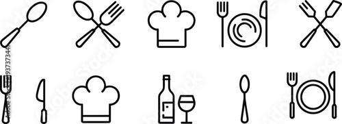 Dining icons, spoon, fork, chef hat, plate, spatula, wine bottle, glass, kitchenware, cutlery, restaurant, cooking, food service, flat vector illustration