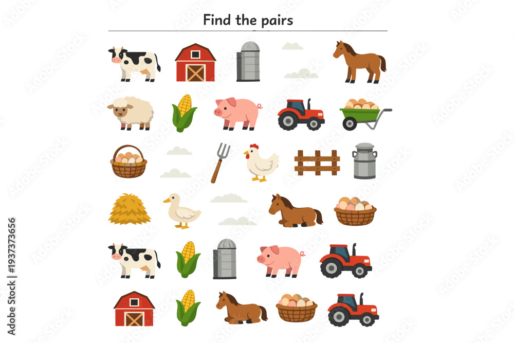 Obraz premium Farm animals and objects in a colorful matching game layout 