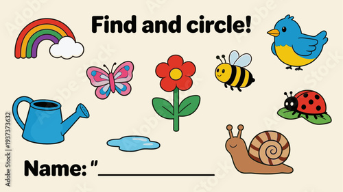 Colorful find and circle game with nature-themed illustrations  