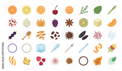 Collection of colorful ingredients and garnishes for cocktails and food preparation