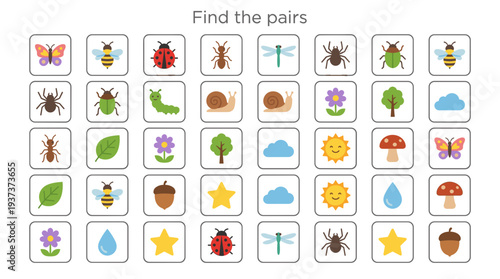 Colorful memory game cards featuring nature elements and animals  
