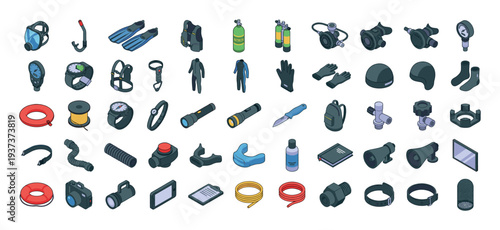 Collection of isometric diving equipment and accessories for underwater exploration and safety
