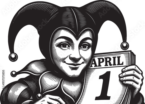 Jester holding april fools day calendar page with number 1 and april text, vintage engraving illustration