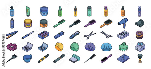 Collection of isometric hair care and styling tools and products