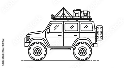 Vector illustration of a 4x4 vehicle with camping gear on roof, ready for adventure, depicted in a simple line art style
