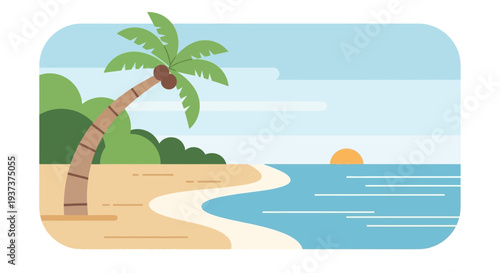 A serene beach scene with a palm tree leaning over the sand, overlooking the ocean at sunset, captured from a distant viewpoint.