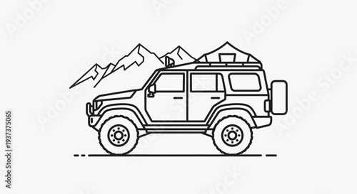 Four-Wheel Drive Vehicle Traveling Through Mountainous Terrain with Camping Gear on Roof, Vector Illustration