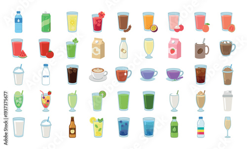 Collection of diverse beverages in glasses, cups, and bottles, showcasing variety