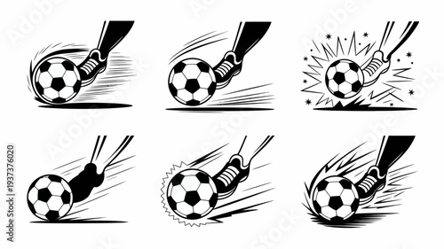 A black and white illustration depicts a soccer ball being kicked in various stages of motion showcasing dynamic action and impact high quality professional detailed modern