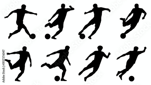 A collection of black silhouettes depicts various dynamic poses of soccer players in action showcasing movement and athleticism high quality professional detailed modern elegant stylish clean