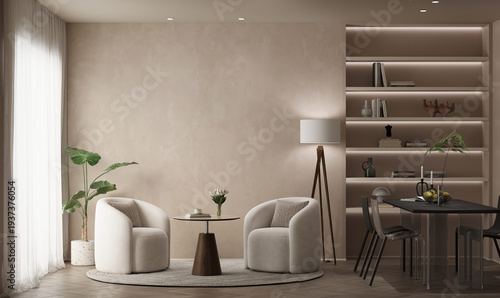 Luxury Interior Background with Textured Cloud Dancer Wall, LED Bookshelf, Modern Sofa and Large Empty Wall Space