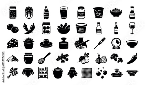 Collection of food and kitchen icons representing ingredients and preparation tools