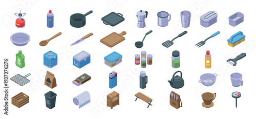 Collection of isometric camping and outdoor cooking equipment and supplies