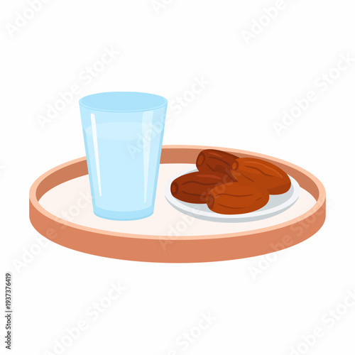 Front view illustration presenting a circular orange tray holding a tall glass of clear blue water and a white plate with five brown cookies, centered on a plain white background