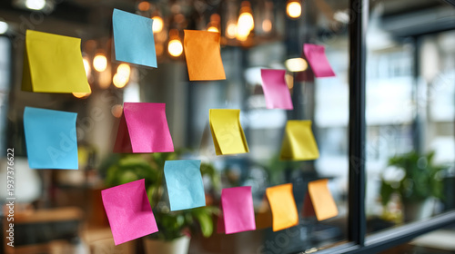 Colorful sticky note glass wall office brainstorming planning teamwork collaboration creativity modern reflection Colorful sticky note glass wall modern office for brainstorming and planning