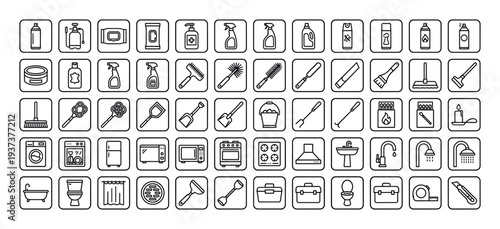 Collection of household cleaning and maintenance icons in a grid layout