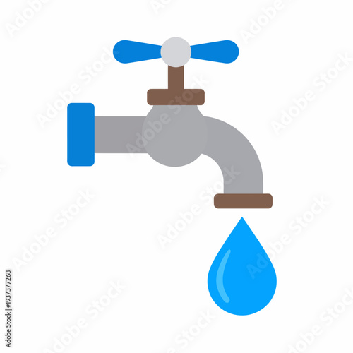Close-up view of a cartoon-style faucet illustration showing a single blue water drop suspended beneath the gray spout, captured from a frontal perspective in a clean digital graphic environment