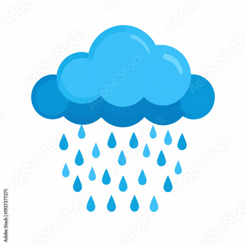 Cartoon illustration shows a blue cloud at the top center releasing fifteen dark blue teardrop rain droplets in three rows against a white backdrop