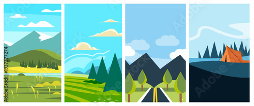 Set of four nature posters. Minimalist flat vector of green hills, open roads, mountain peaks, and a lakeside tent