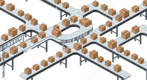 An intricate isometric network of grey conveyor belts transports numerous identical brown cardboard boxes through various turns and pathways on a clean white background.