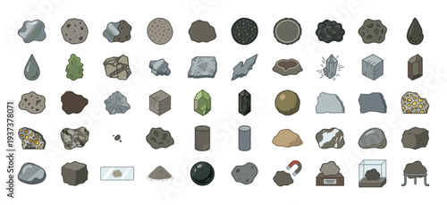Collection of diverse mineral and rock samples, geological specimens and scientific icons