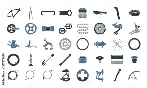 Collection of bicycle parts and components arranged in a grid pattern