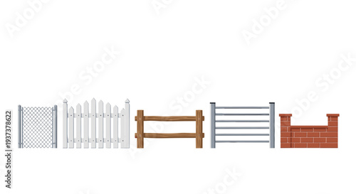 A horizontal arrangement of five distinct fence and wall designs, featuring chain-link, white picket, wooden rail, metal bar, and a brick wall section, on a clean white background.