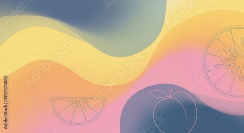 Abstract Swirls of Pastel Colors with Fruit Silhouettes: Orange Slice and Peach Outline