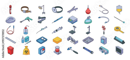 Collection of medical instruments and equipment in isometric view