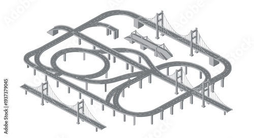 An expansive isometric illustration presents a vast network of elevated roads and multiple bridges, including four distinct suspension bridges and a large circular interchange on a white background.