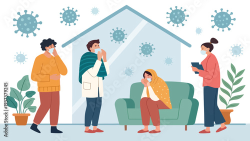 People wearing face masks at home during pandemic with virus cells around them