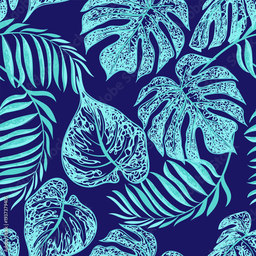 Tropical vector pattern with palm leaves. Hawaii summer background for cover, print, banner, wallpaper, interior, clothing. Summer illustration.