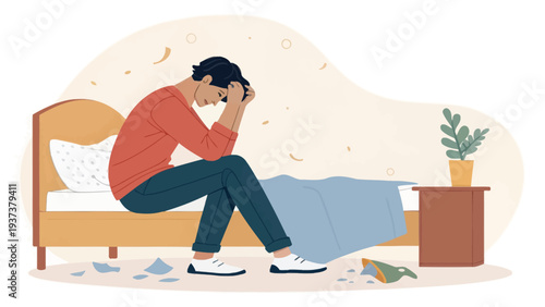 Man sitting on bed with broken mirror feeling stressed and overwhelmed