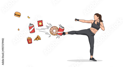 A determined woman in black athletic attire is performing a dynamic high kick, striking unhealthy fast food items on a clean white background.